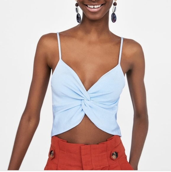 Intimately Free People Blue Ribbed Knotted Ruched Cami Crop Top - Picture 1 of 5